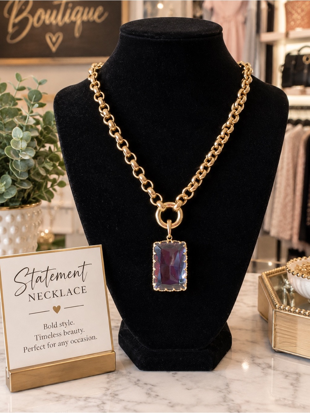 Gold Chain Statement Necklace with Clear Gem Pendant
